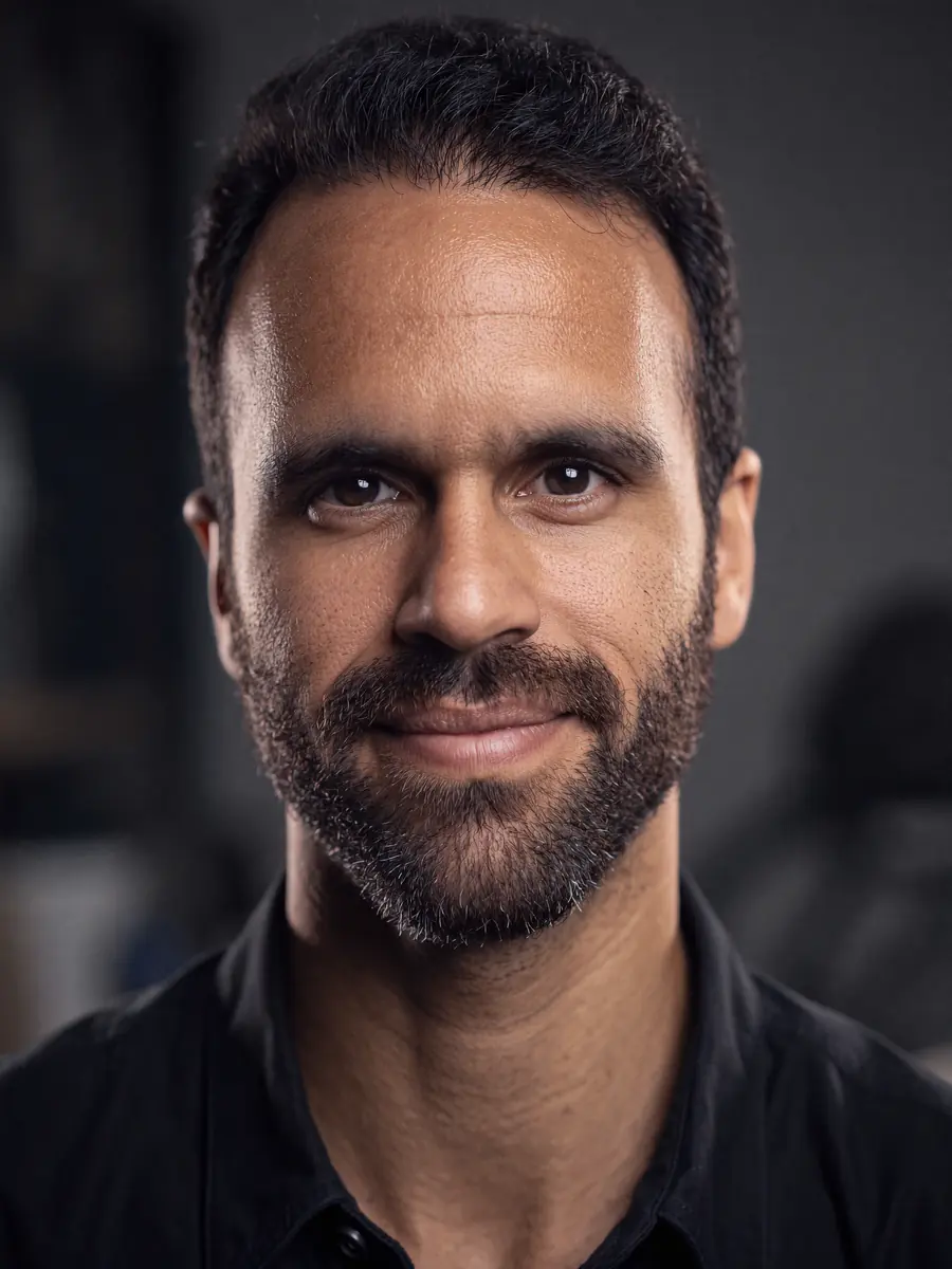 Retrato de frente, con barba corta y camisa negra, sonriendo a la cámara.
